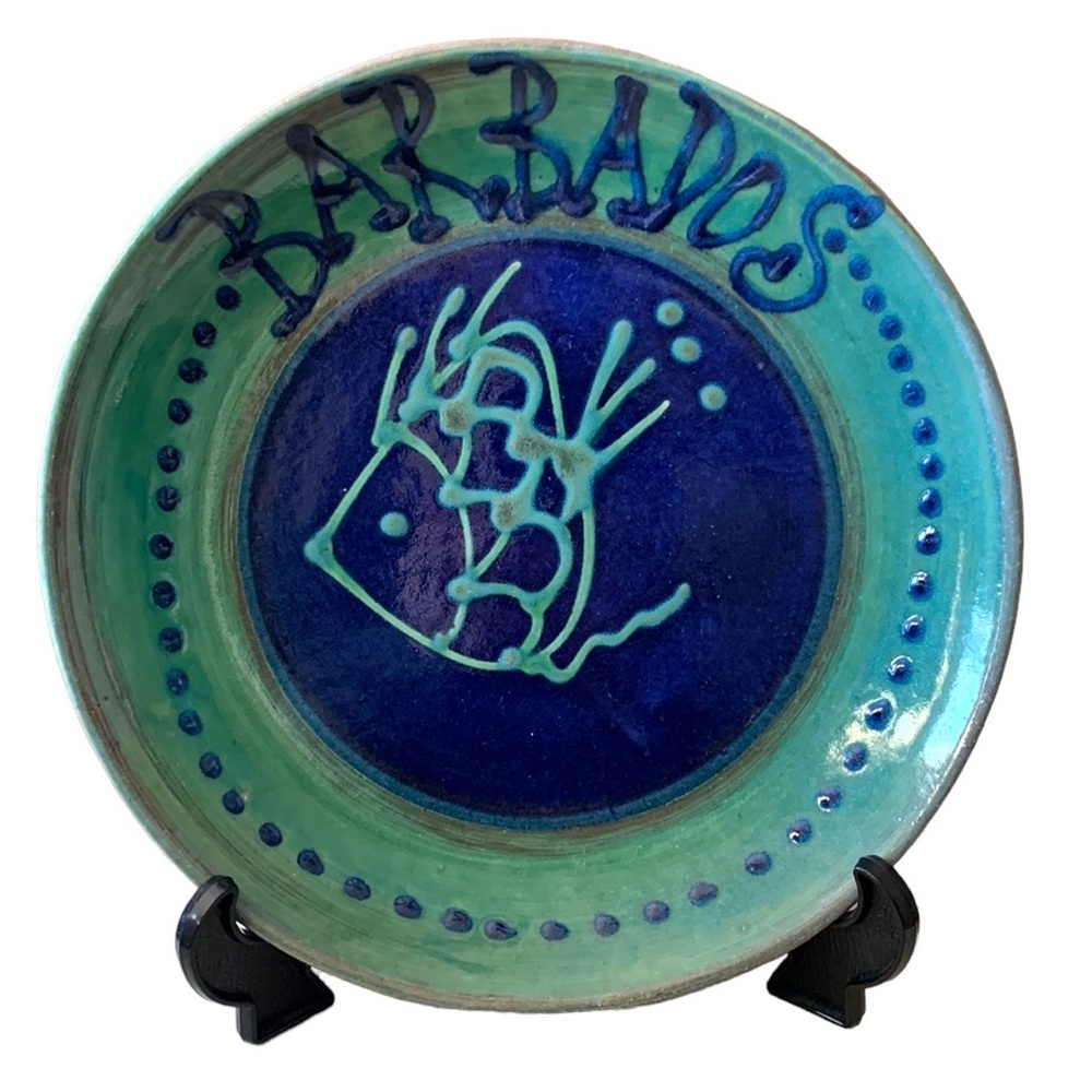 Handmade Earthworks Ceramic Pottery Art Work dinner plate Blue with fish Large